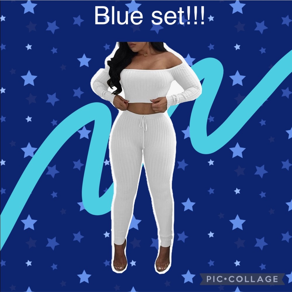 (Blue)Women's Two Piece Outfits 2 PC Sets Crop Top + Skinny Pants